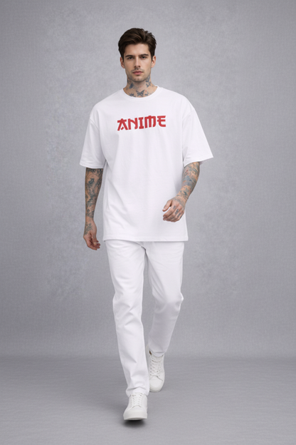 Red Kanji "ANIME" Graphic Oversized T-Shirt - White Heavyweight Streetwear