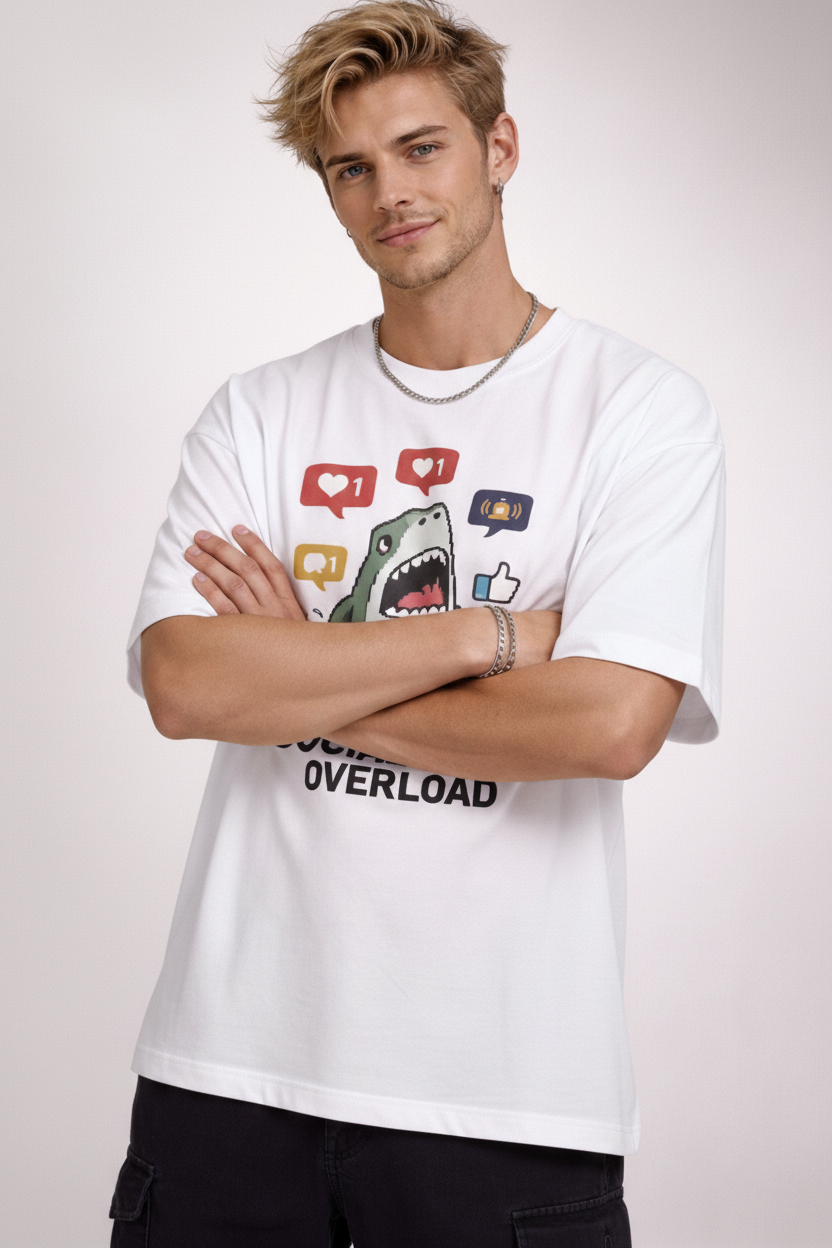 "Social Media Overload" White Oversized Tee