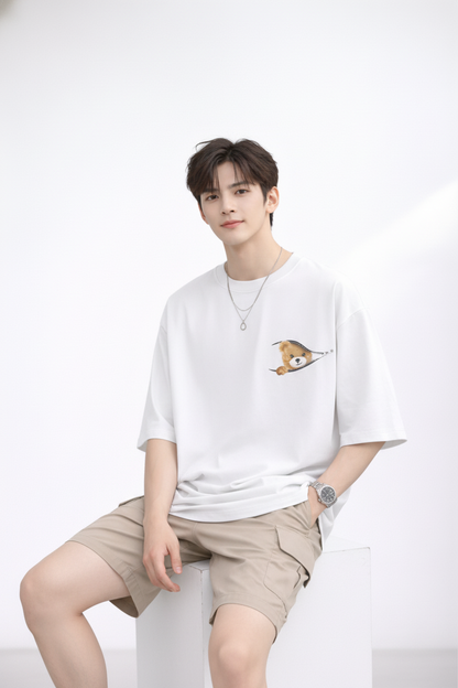 White "Peek-a-Bear" Oversized Tee
