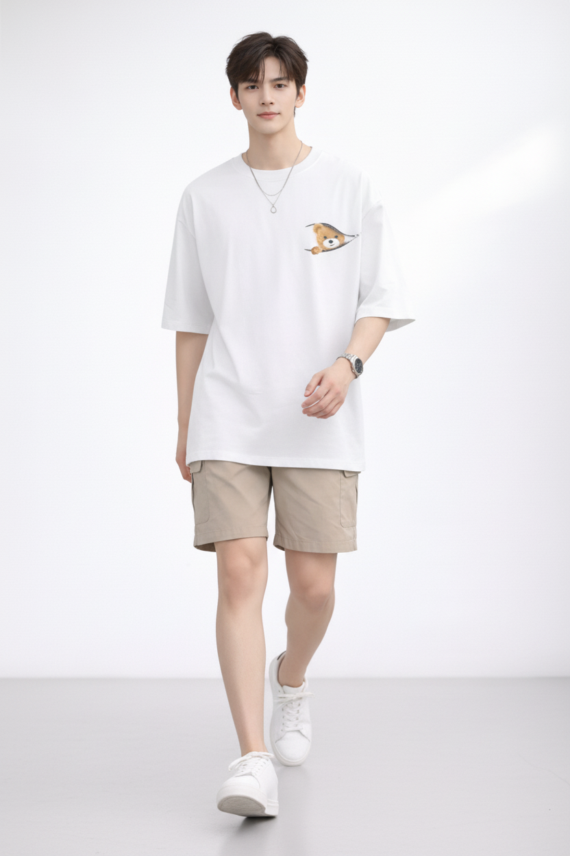 White "Peek-a-Bear" Oversized Tee
