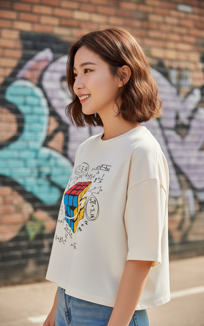 Rubik’s Math Equation Women's Crop T-Shirt - Cream/Off-White