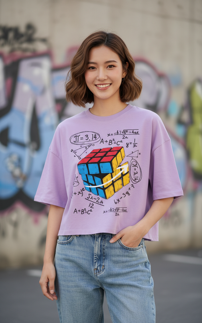 "Math Cube" Graphic Oversized T-Shirt - Lavender Heavyweight Streetwear