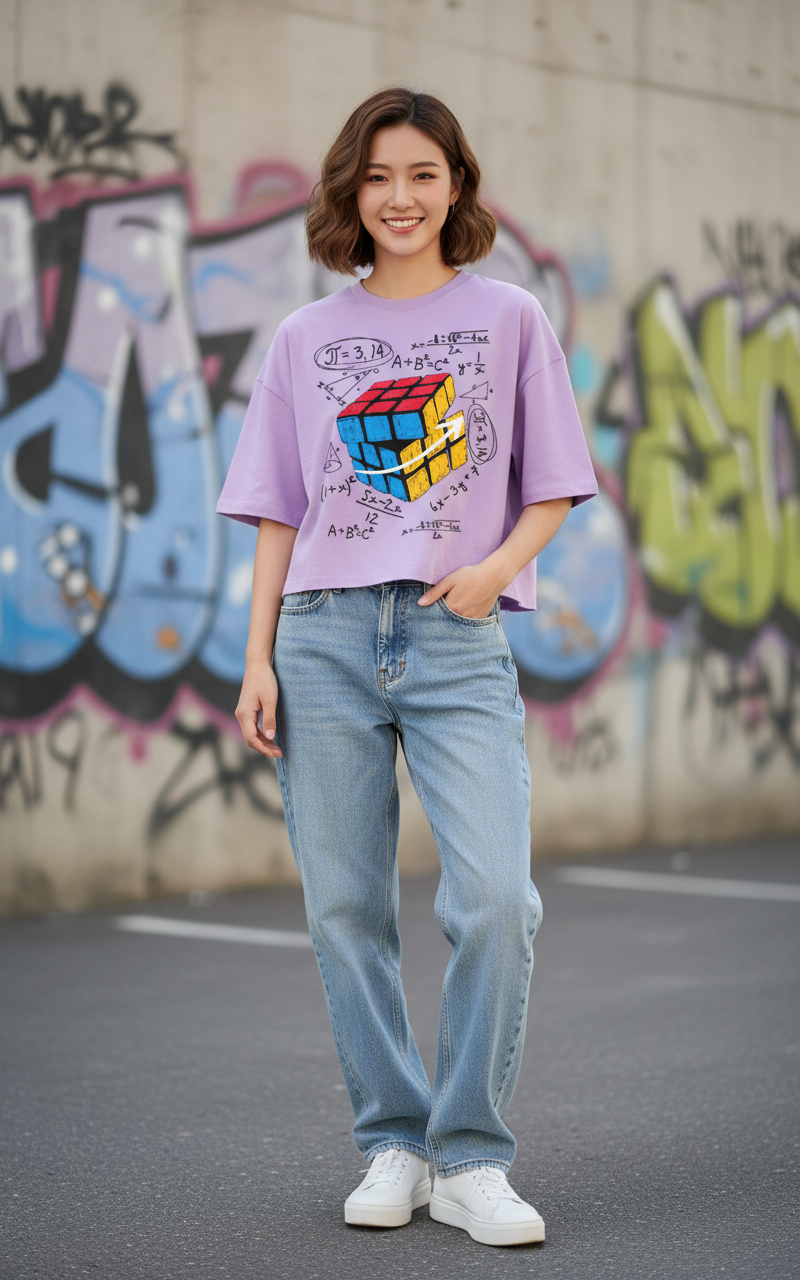 "Math Cube" Graphic Oversized T-Shirt - Lavender Heavyweight Streetwear