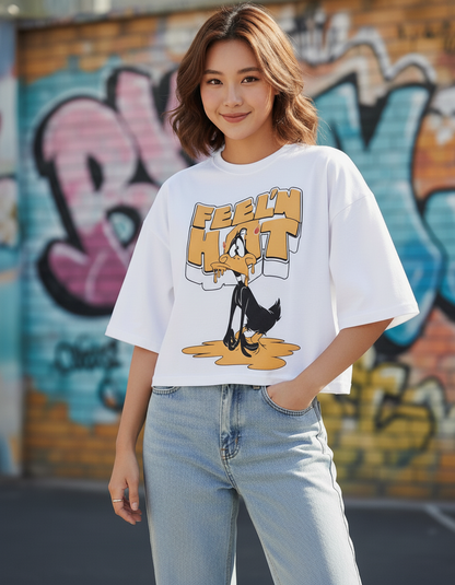 "Feelin' Hot" Graphic Oversized T-Shirt - White Heavyweight Retro Streetwear Tee