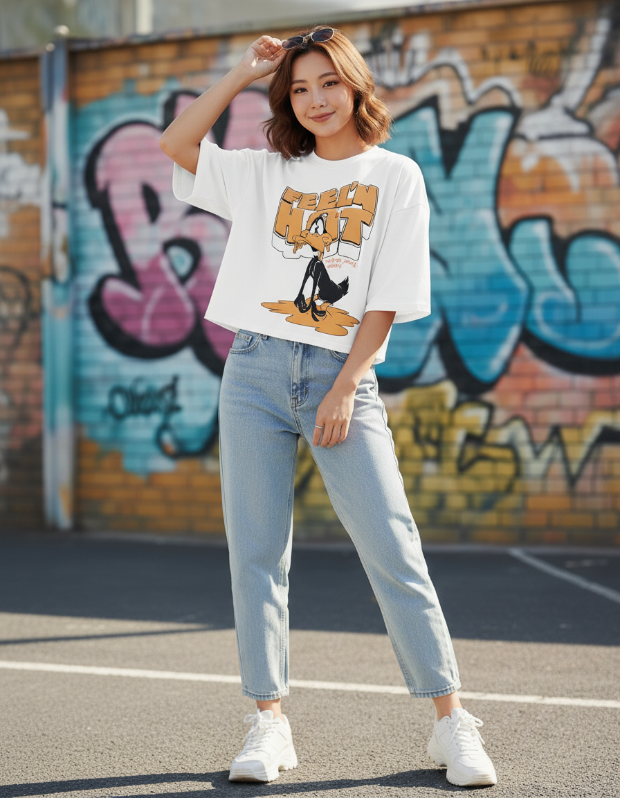 "Feelin' Hot" Graphic Oversized T-Shirt - White Heavyweight Retro Streetwear Tee