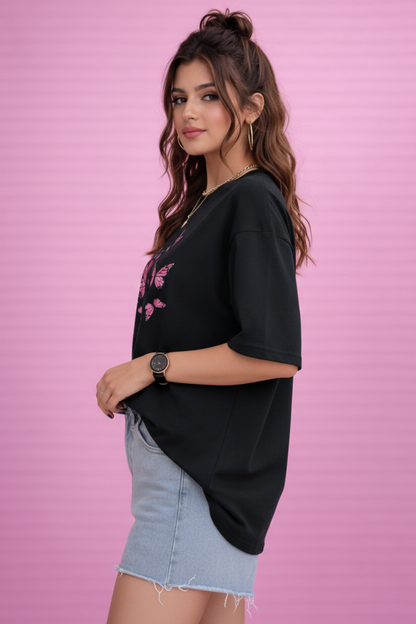 BEFALTU Pink Butterfly Aesthetic Oversized Black T-Shirt for Women
