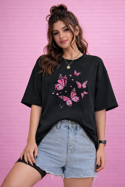 BEFALTU Pink Butterfly Aesthetic Oversized Black T-Shirt for Women