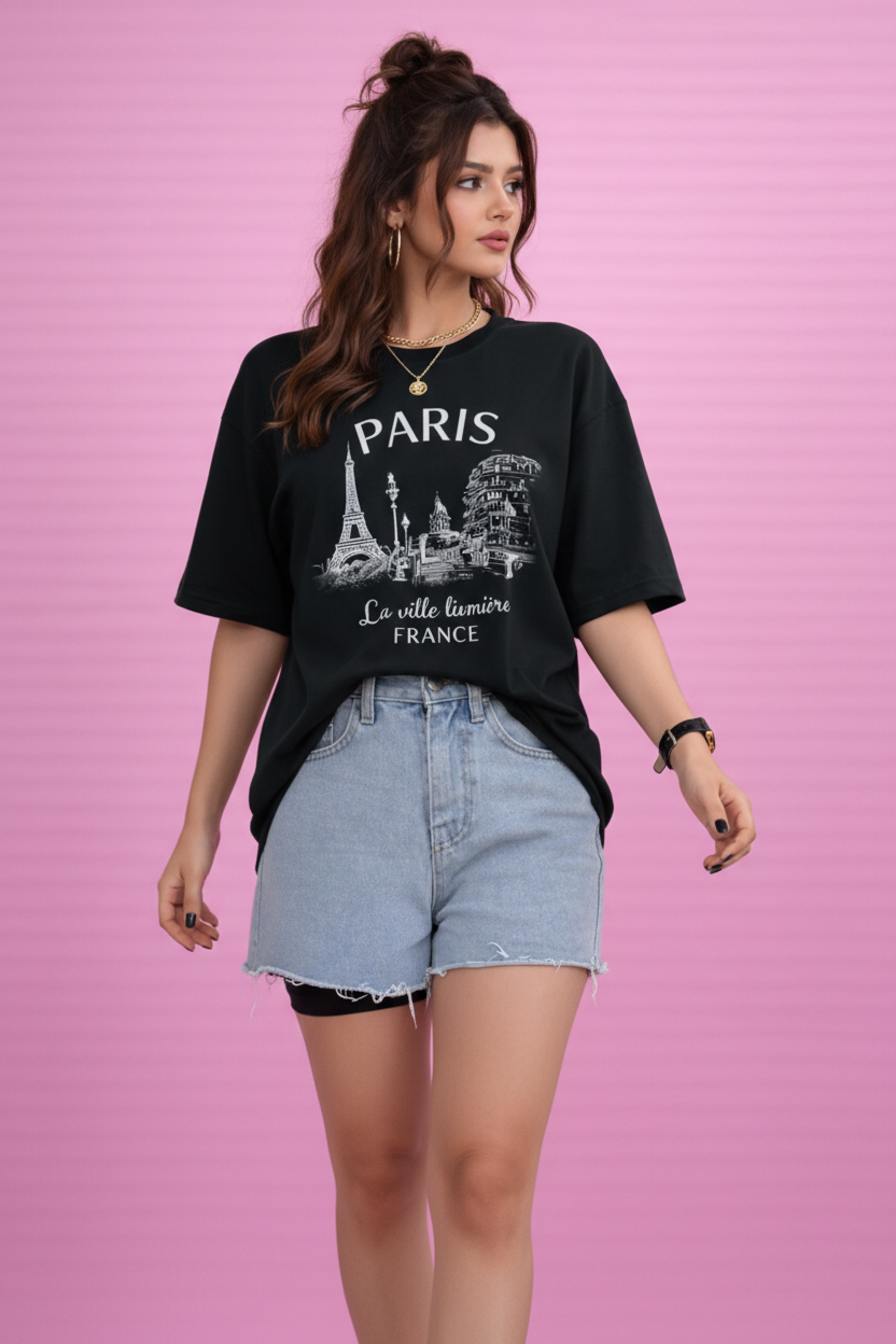 BEFALTU “Paris Cityscape” Oversized Black T-Shirt for Women