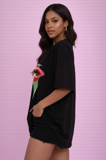BEFALTU Abstract Face Artistic Graphic Oversized Black T-Shirt for Women