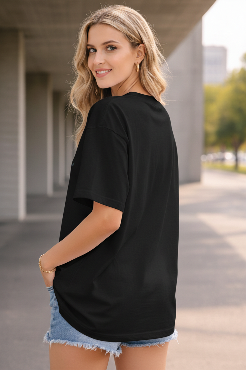 BEFALTU “Stay Cosmic” Cute Space Cat Graphic Oversized Black T-Shirt for Women