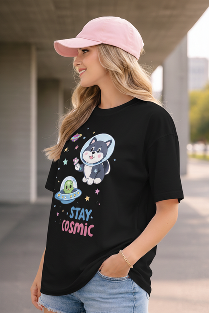 BEFALTU “Stay Cosmic” Cute Space Cat Graphic Oversized Black T-Shirt for Women