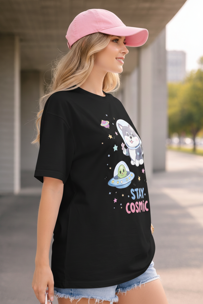 BEFALTU “Stay Cosmic” Cute Space Cat Graphic Oversized Black T-Shirt for Women