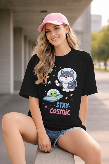BEFALTU “Stay Cosmic” Cute Space Cat Graphic Oversized Black T-Shirt for Women