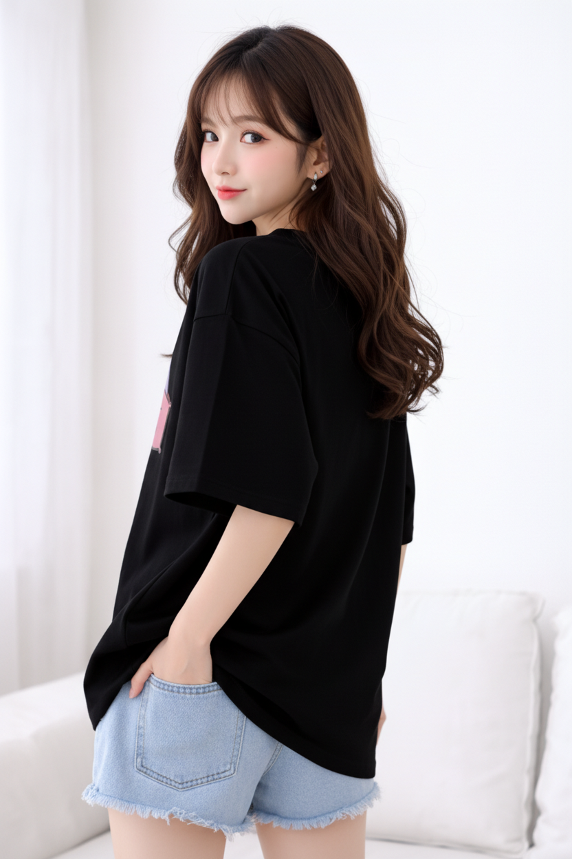 BEFALTU “I’m Busy” Cute Cat Oversized Black T-Shirt for Women