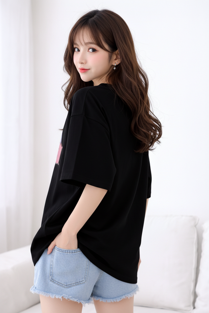 BEFALTU “I’m Busy” Cute Cat Oversized Black T-Shirt for Women