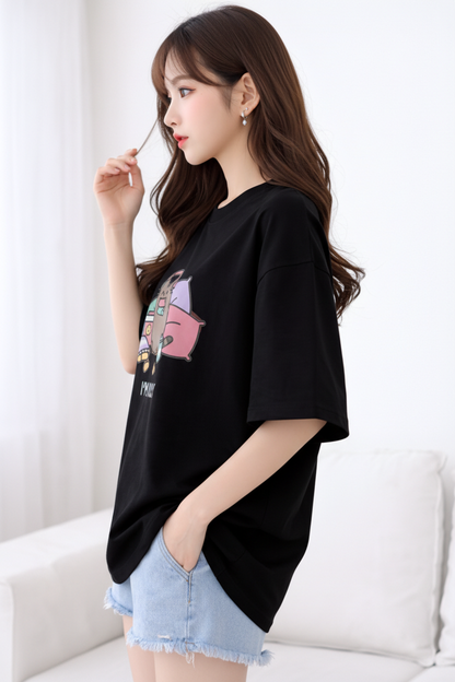 BEFALTU “I’m Busy” Cute Cat Oversized Black T-Shirt for Women
