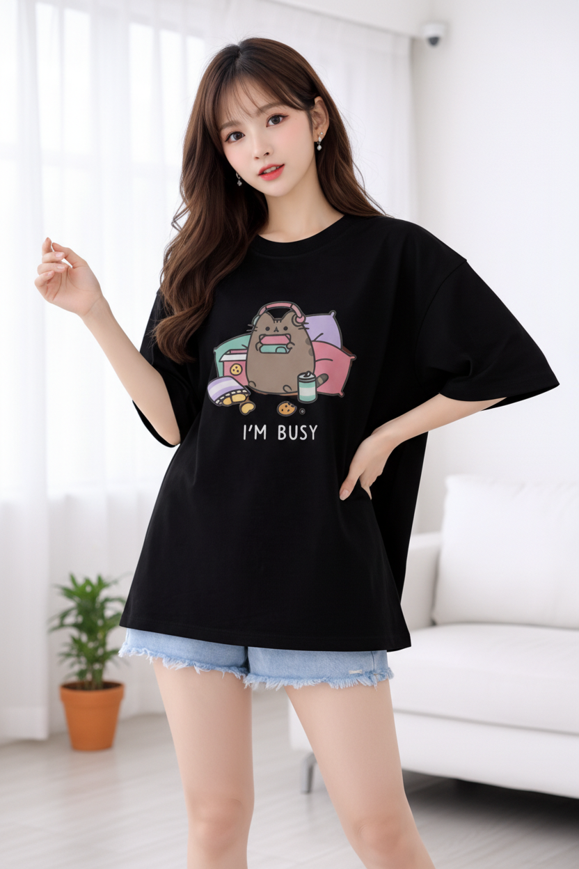 BEFALTU “I’m Busy” Cute Cat Oversized Black T-Shirt for Women