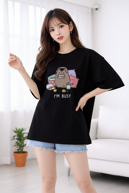 BEFALTU “I’m Busy” Cute Cat Oversized Black T-Shirt for Women