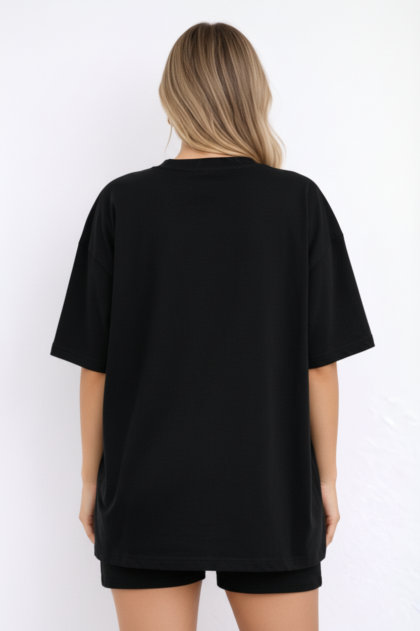 BEFALTU “Nice to Meet You” Teddy Oversized Black T-Shirt for Women