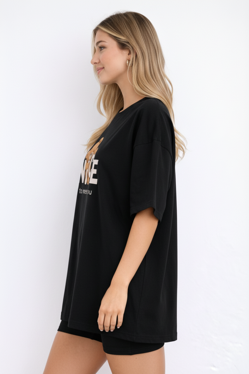 BEFALTU “Nice to Meet You” Teddy Oversized Black T-Shirt for Women