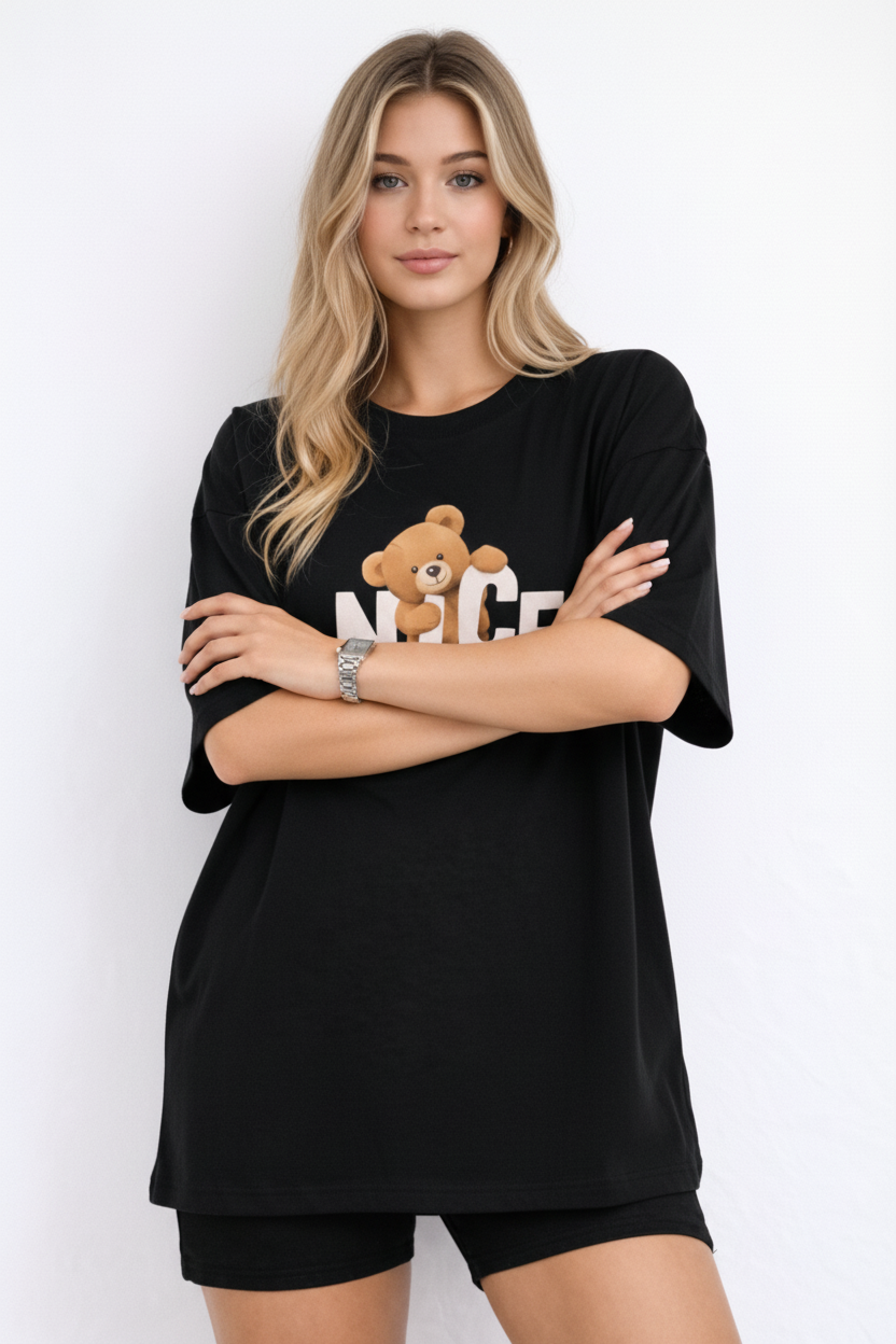 BEFALTU “Nice to Meet You” Teddy Oversized Black T-Shirt for Women