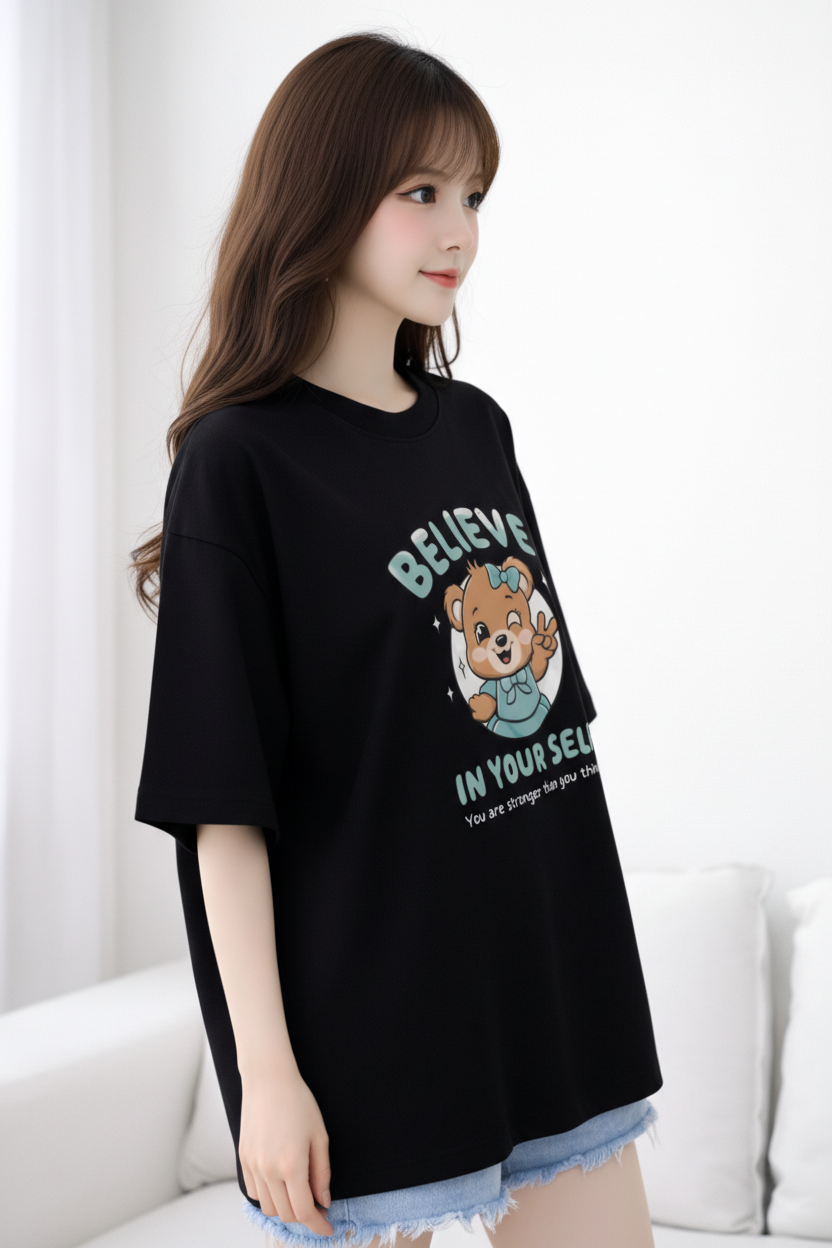 BEFALTU Women Oversized BLACK T-Shirt – “Believe in Yourself” Cute Teddy Graphic Print