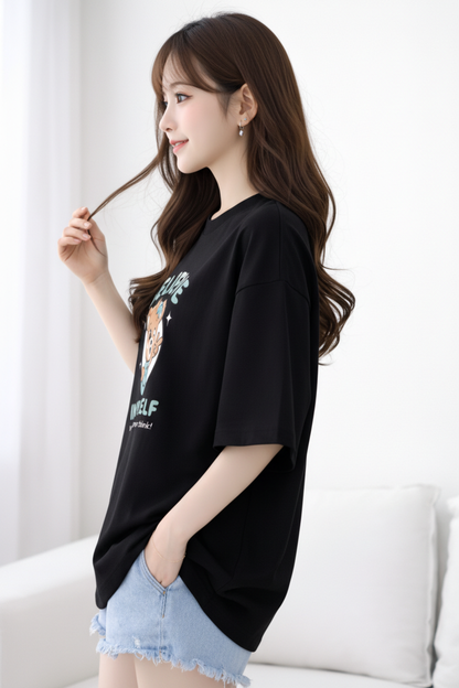 BEFALTU Women Oversized BLACK T-Shirt – “Believe in Yourself” Cute Teddy Graphic Print
