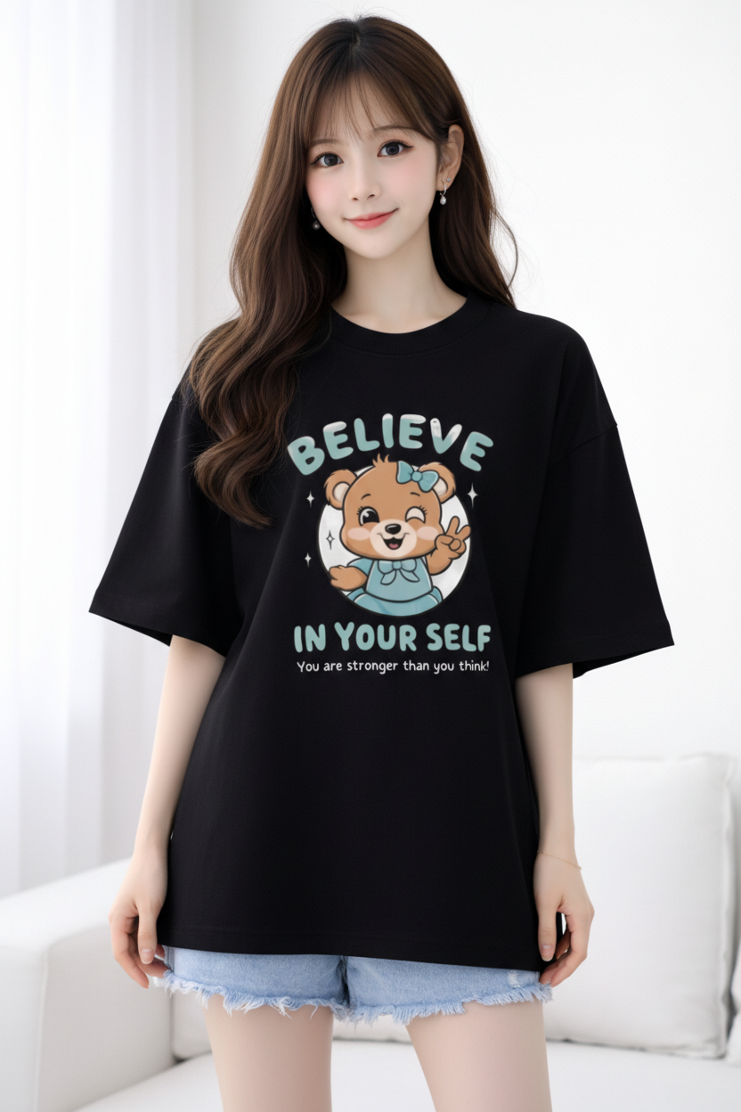 BEFALTU Women Oversized BLACK T-Shirt – “Believe in Yourself” Cute Teddy Graphic Print