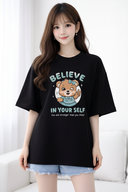 BEFALTU Women Oversized BLACK T-Shirt – “Believe in Yourself” Cute Teddy Graphic Print