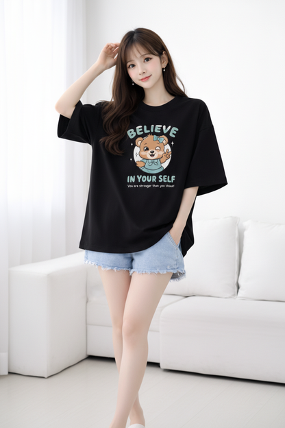 BEFALTU Women Oversized BLACK T-Shirt – “Believe in Yourself” Cute Teddy Graphic Print