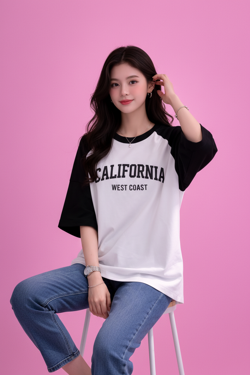 BEFALTU “California West Coast” Typography Raglan Oversized T-Shirt for Women