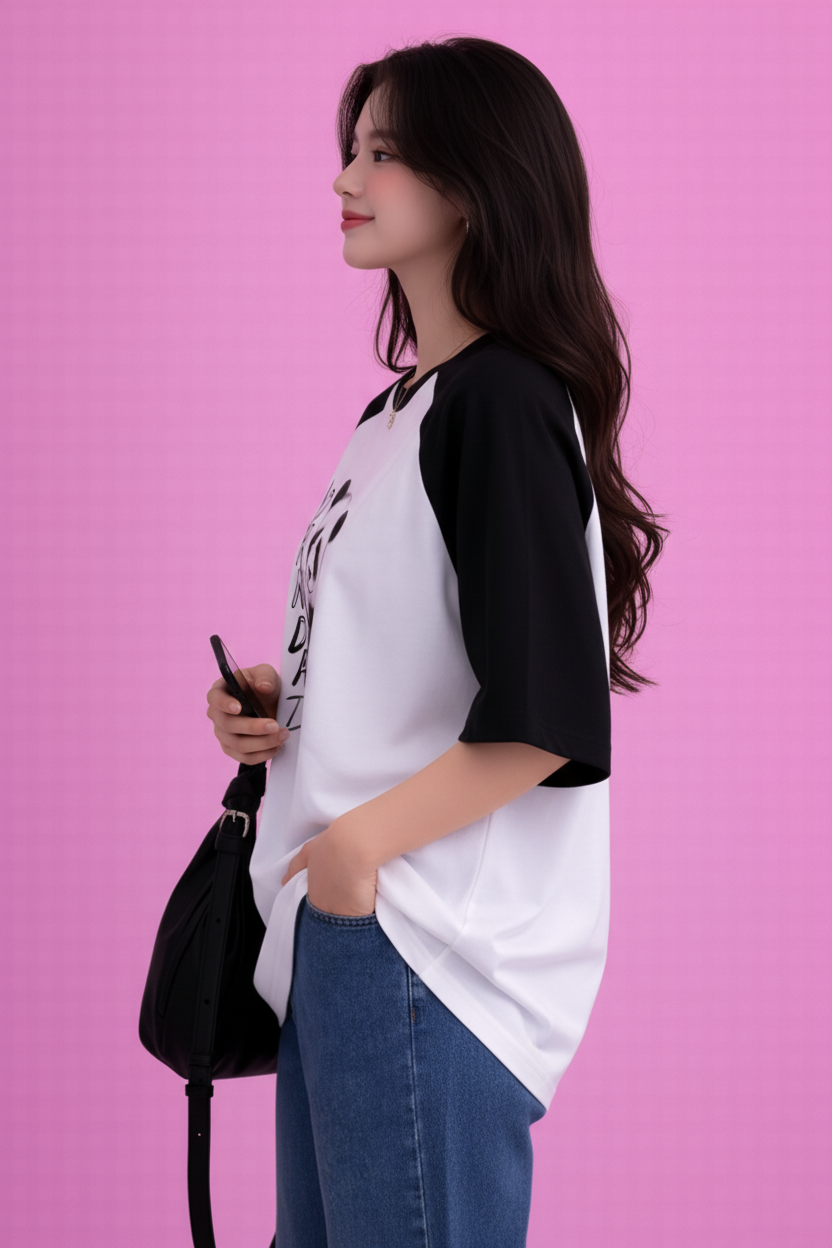 BEFALTU “Panda” Cute Minimal Graphic Raglan Oversized T-Shirt for Women