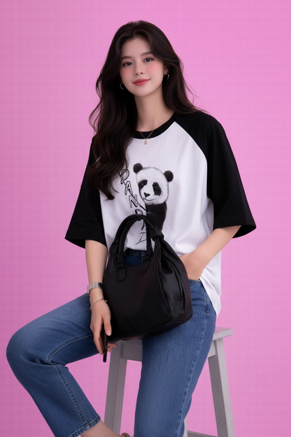 BEFALTU “Panda” Cute Minimal Graphic Raglan Oversized T-Shirt for Women