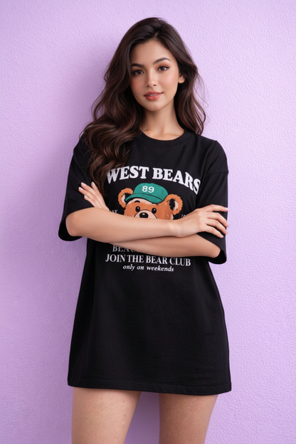 BEFALTU “West Bears Club” Oversized Black T-Shirt for Women