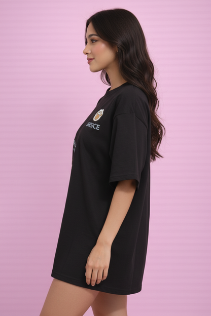 BEFALTU “Bruce Meow” Cute Cat Stack Graphic Oversized Black T-Shirt for Women