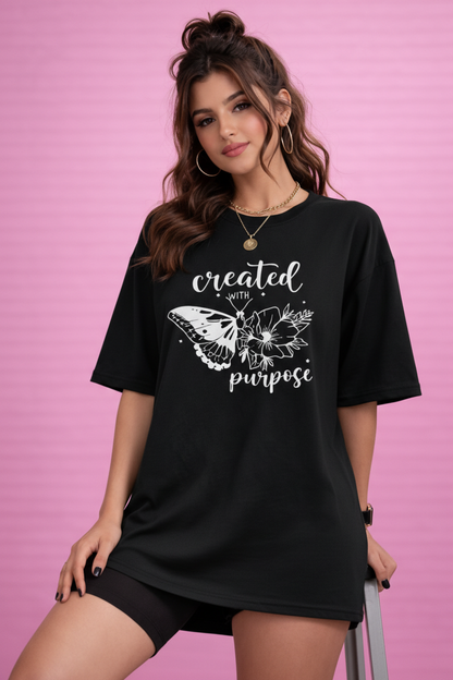 BEFALTU “Created With Purpose” Butterfly Graphic Oversized Black T-Shirt for Women