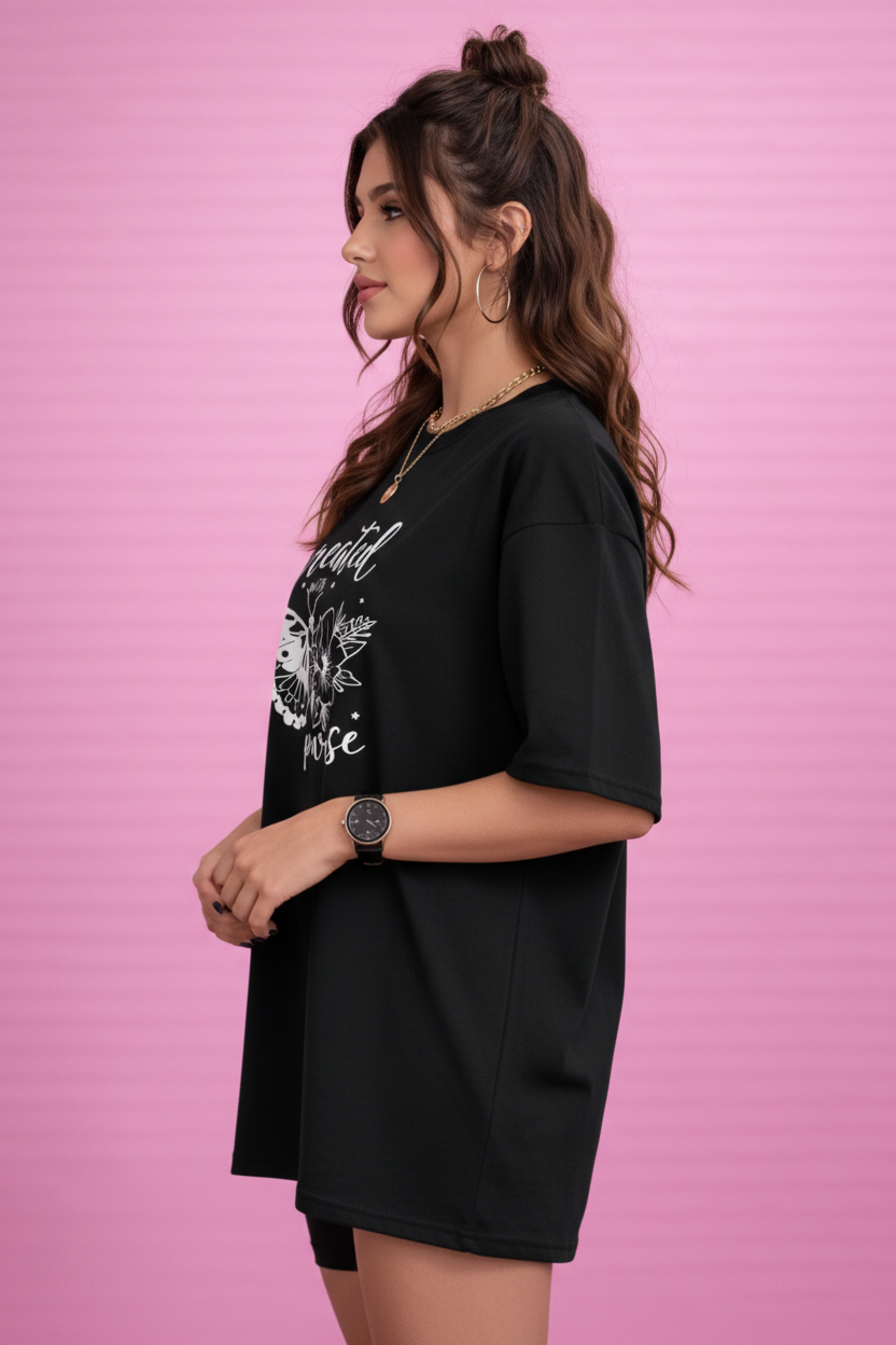 BEFALTU “Created With Purpose” Butterfly Graphic Oversized Black T-Shirt for Women