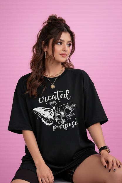BEFALTU “Created With Purpose” Butterfly Graphic Oversized Black T-Shirt for Women