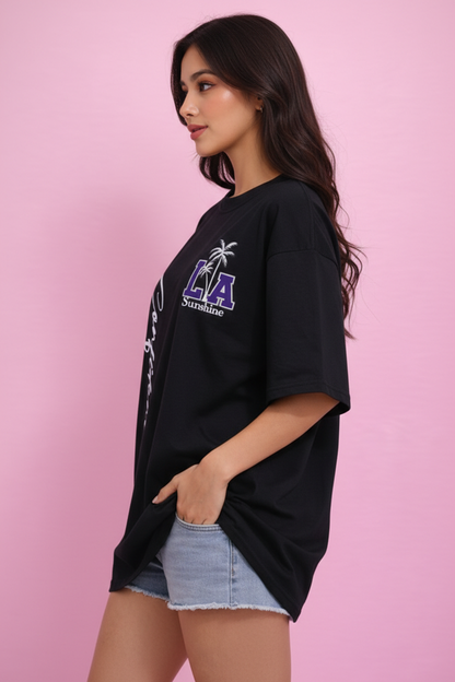 BEFALTU “LA Sunshine Confidence” Oversized Black T-Shirt for Women