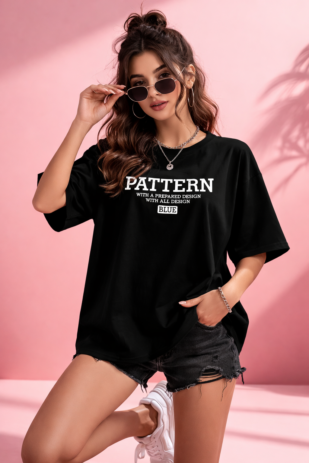 BEFALTU “Pattern Text” Oversized Black T-Shirt for Women