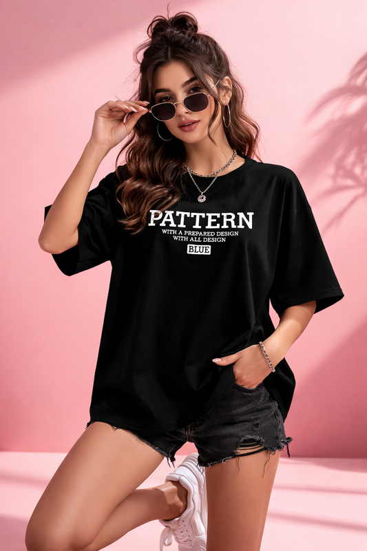 BEFALTU “Pattern Text” Oversized Black T-Shirt for Women
