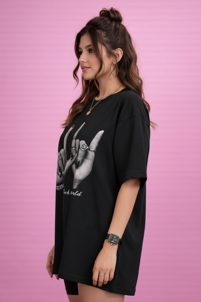 BEFALTU “Rock the World” Oversized Black T-Shirt for Women