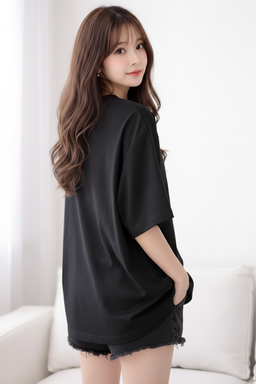 BEFALTU “WOW Cat Pocket” Oversized BLACK T-Shirt for Women