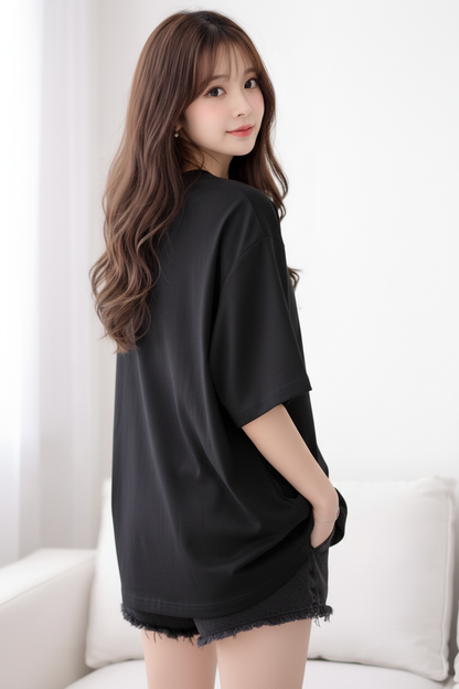 BEFALTU “WOW Cat Pocket” Oversized BLACK T-Shirt for Women