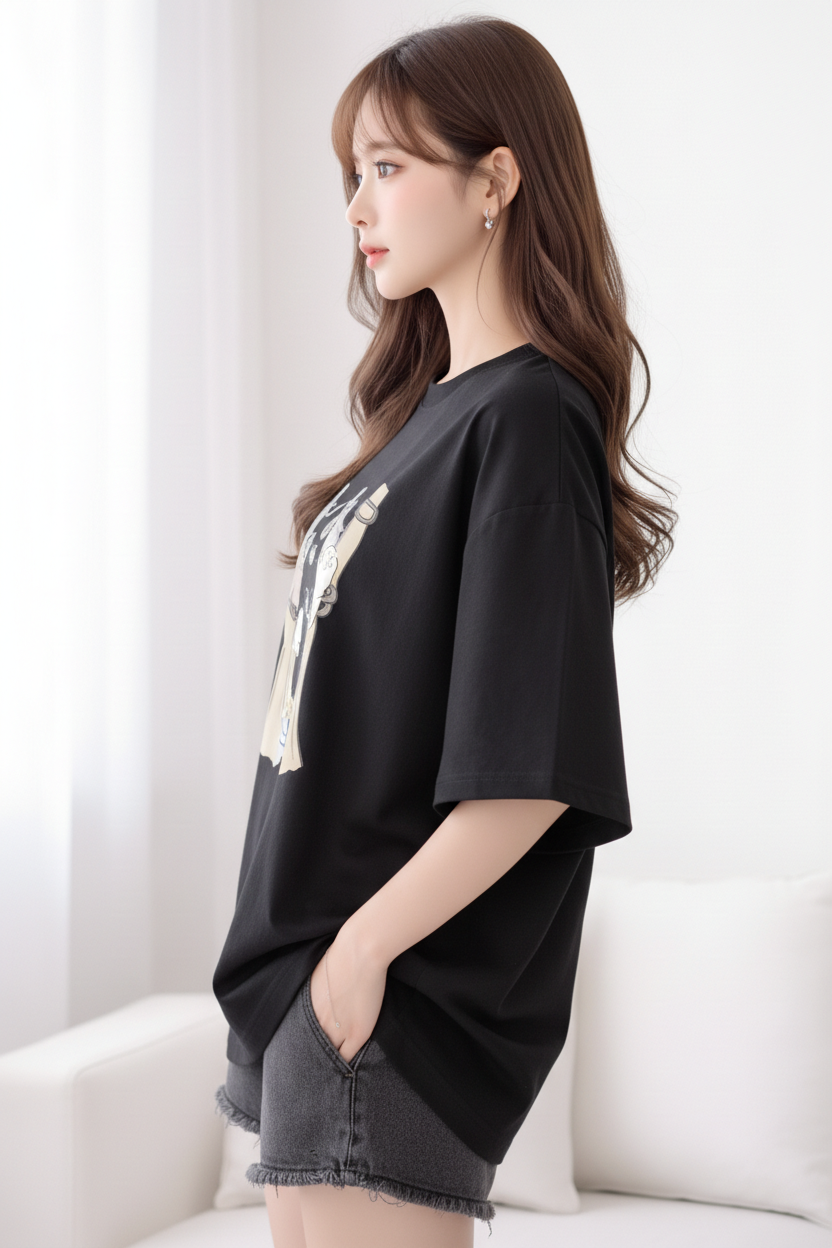 BEFALTU “WOW Cat Pocket” Oversized BLACK T-Shirt for Women