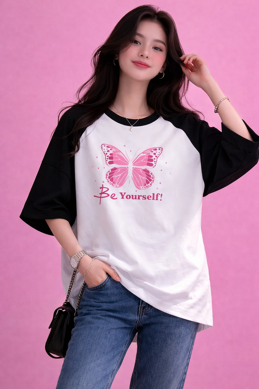 BEFALTU “Be Yourself” Pink Butterfly Aesthetic Raglan Oversized T-Shirt for Women