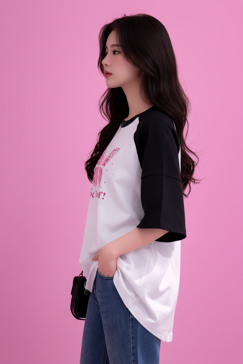 BEFALTU “Be Yourself” Pink Butterfly Aesthetic Raglan Oversized T-Shirt for Women