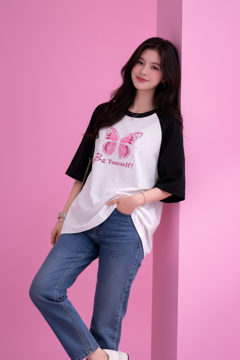BEFALTU “Be Yourself” Pink Butterfly Aesthetic Raglan Oversized T-Shirt for Women