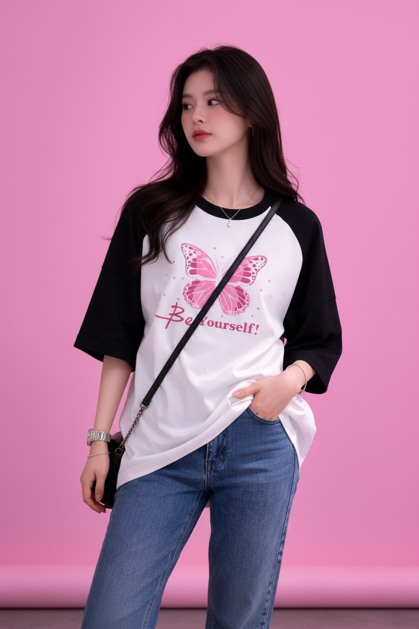 BEFALTU “Be Yourself” Pink Butterfly Aesthetic Raglan Oversized T-Shirt for Women