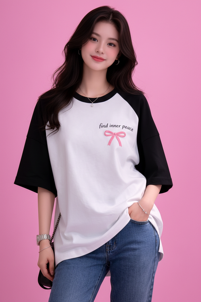 BEFALTU “Find Inner Peace” Aesthetic Bow Raglan Oversized T-Shirt for Women